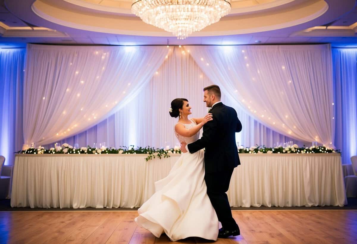 A bride and groom dancing in a softly lit ballroom, surrounded by twinkling lights and a flowing white curtain