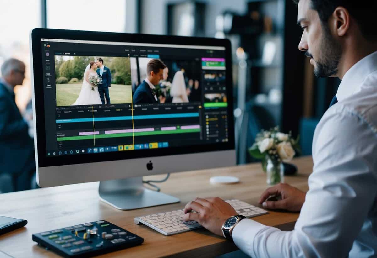 A wedding videographer sits at a computer, editing a 5-minute video. The screen displays a timeline of footage, with various editing tools and software open on the desktop
