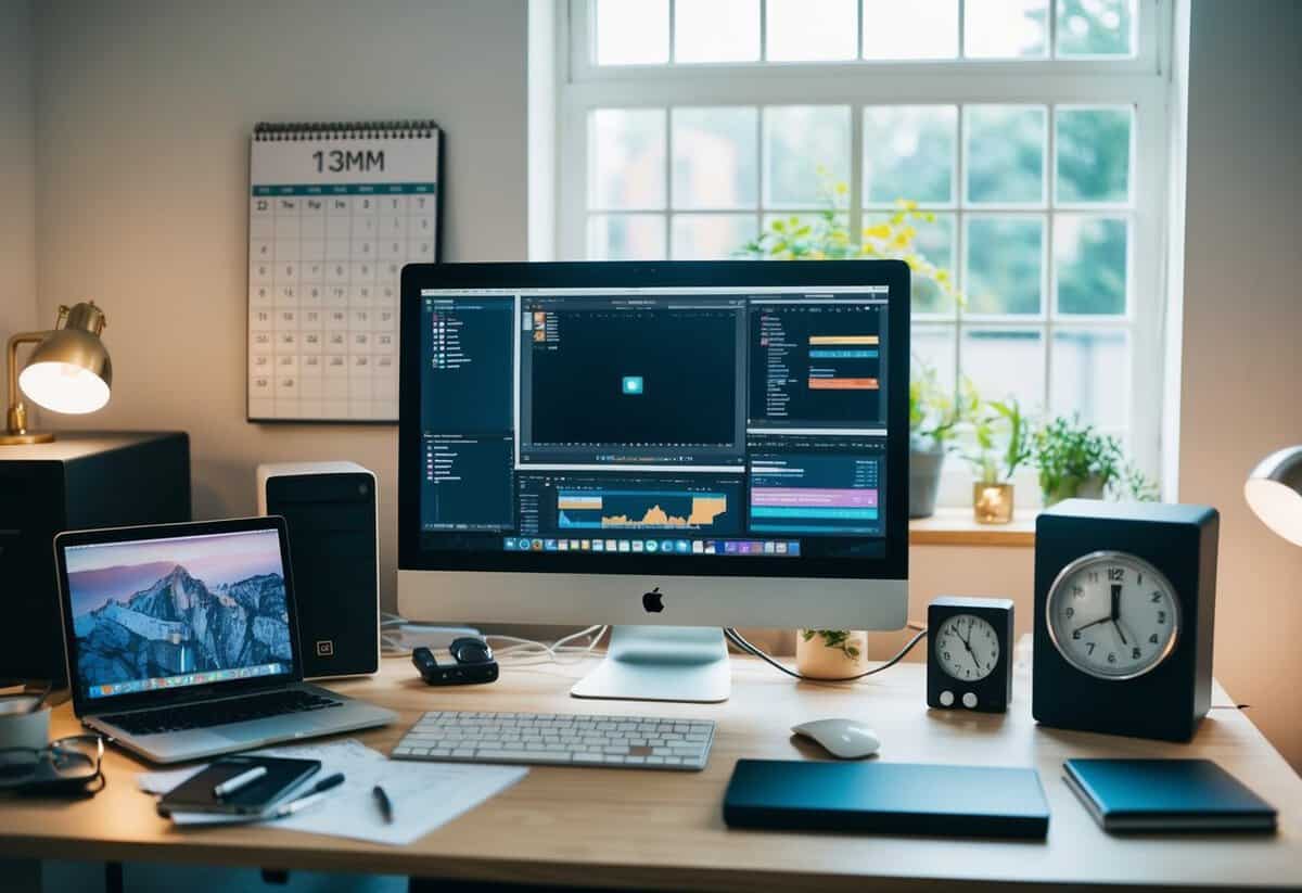A cluttered desk with a computer, external hard drive, and multiple editing software open on the screen. A calendar with deadlines and a clock showing the passage of time