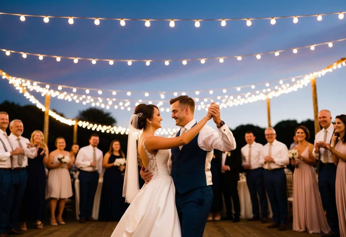 A bride and groom dancing under a canopy of twinkling lights at dusk, surrounded by their friends and family, captured in a soft, romantic glow