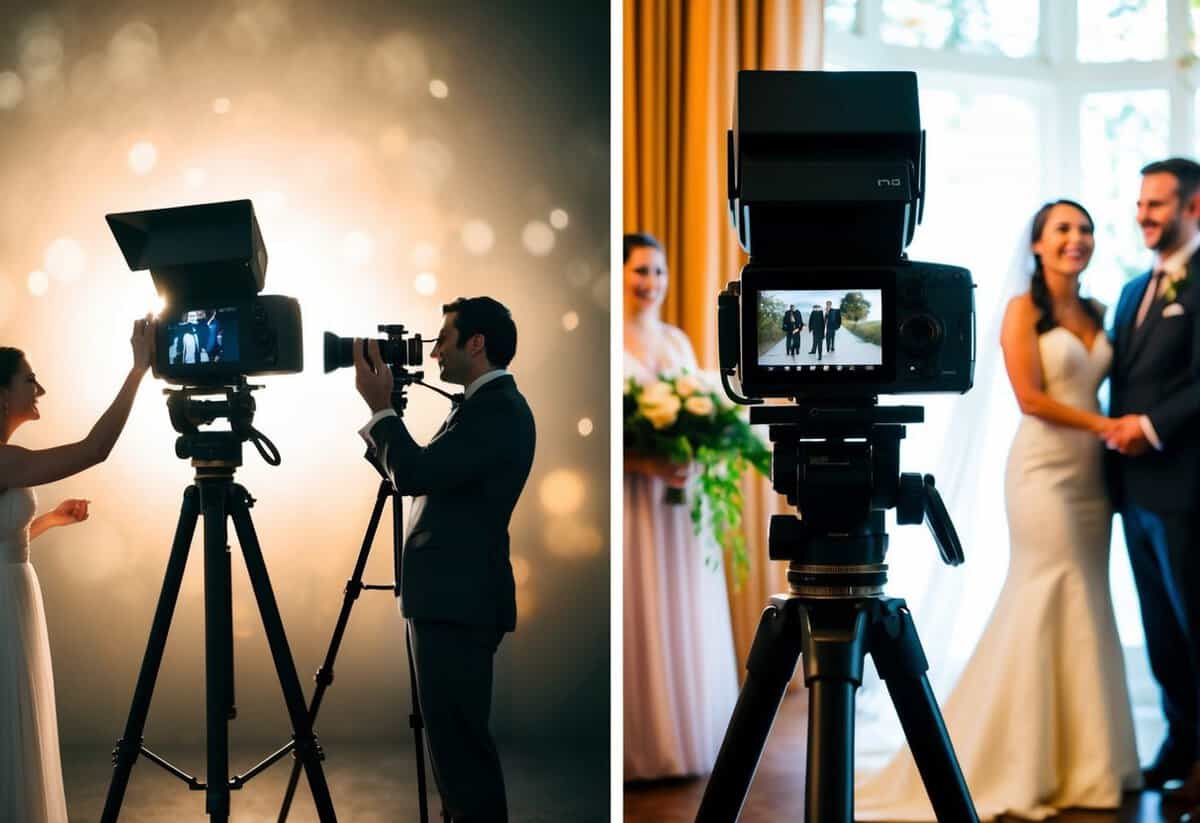 A camera on a tripod capturing a dramatic movie scene with carefully planned lighting and composition, while another camera captures a joyful wedding ceremony with natural lighting and candid moments