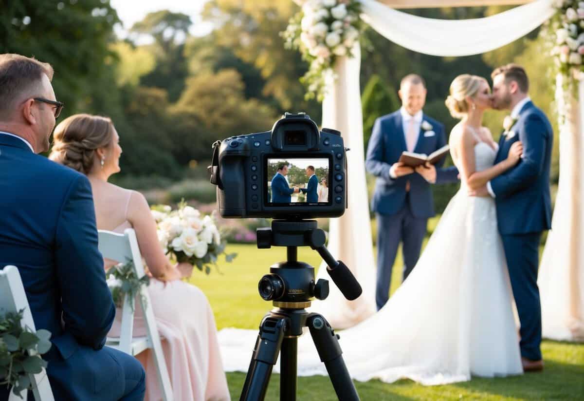 A camera on a tripod capturing a bride and groom exchanging vows in a beautifully decorated outdoor setting, with soft natural lighting and a picturesque backdrop