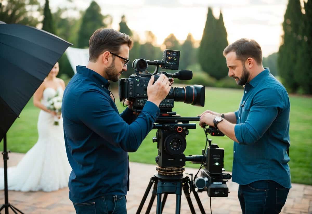 A cinematographer adjusting camera settings on a film set, while a wedding videographer sets up their equipment at a romantic outdoor venue