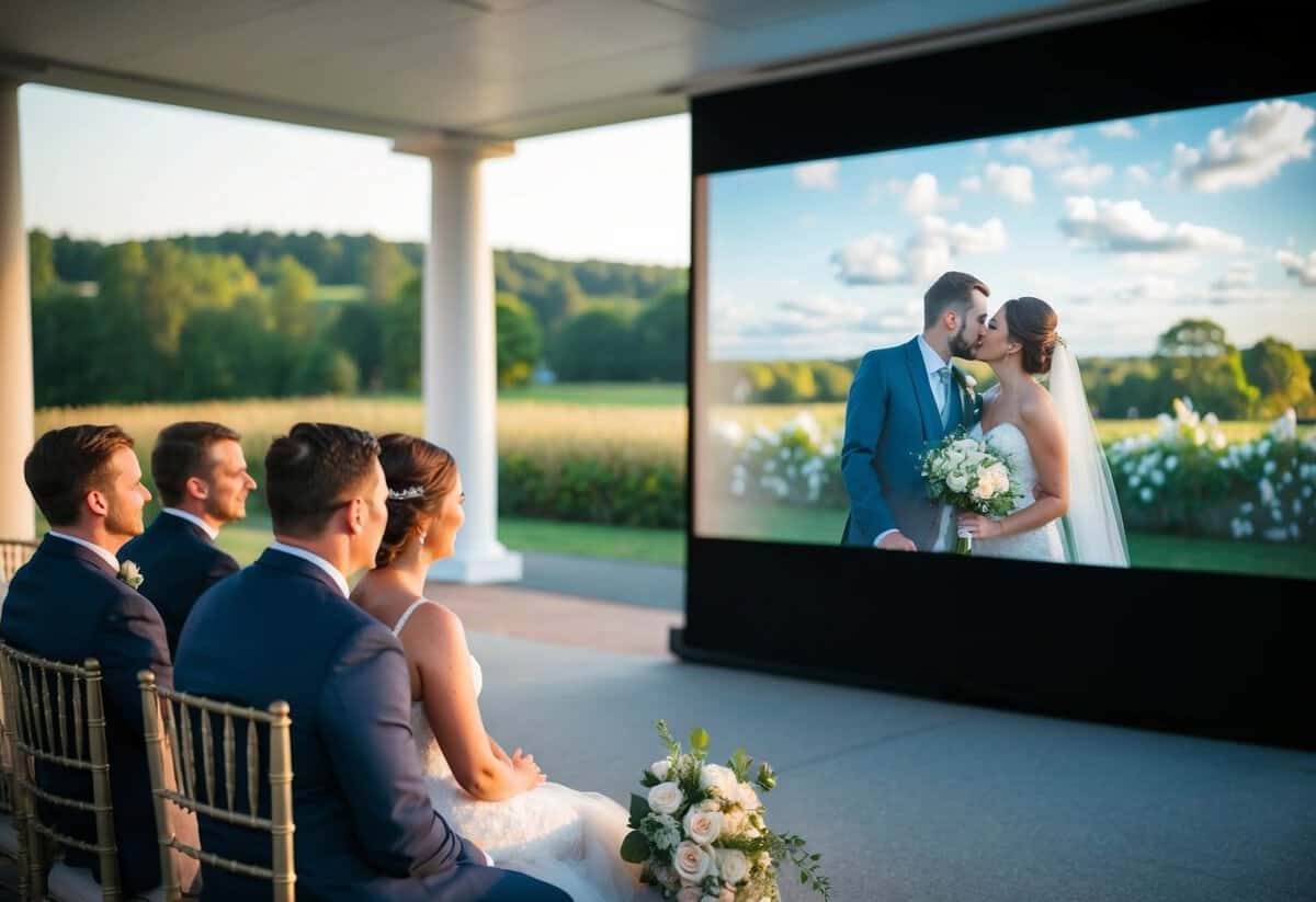 A cinematic wedding video plays on a large screen, capturing emotional moments and beautiful scenery