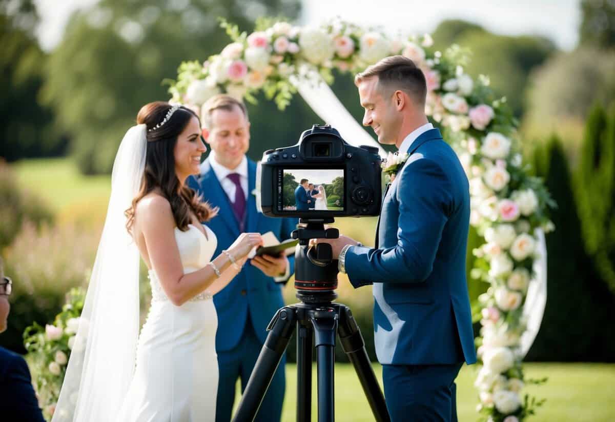 A camera on a tripod captures a picturesque outdoor wedding ceremony, with the bride and groom exchanging vows under a floral arch