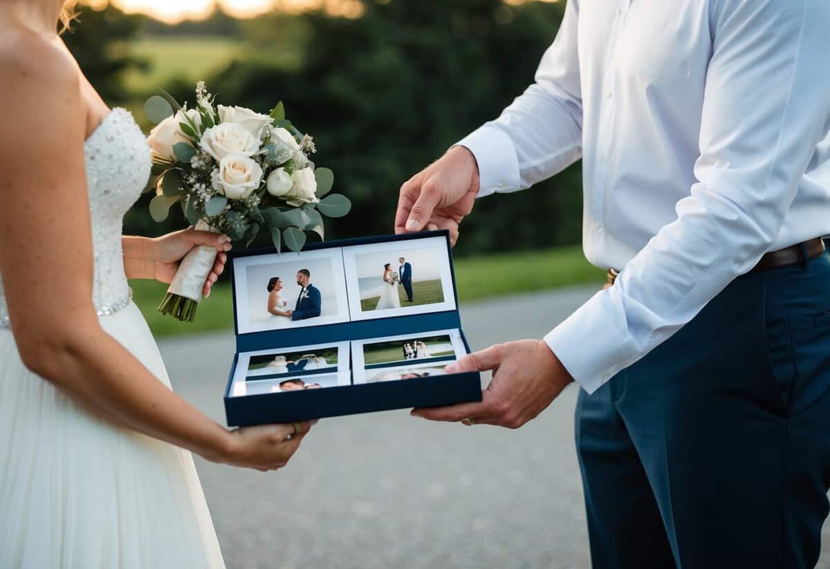 A photographer handing over a package of edited wedding photos to a happy couple