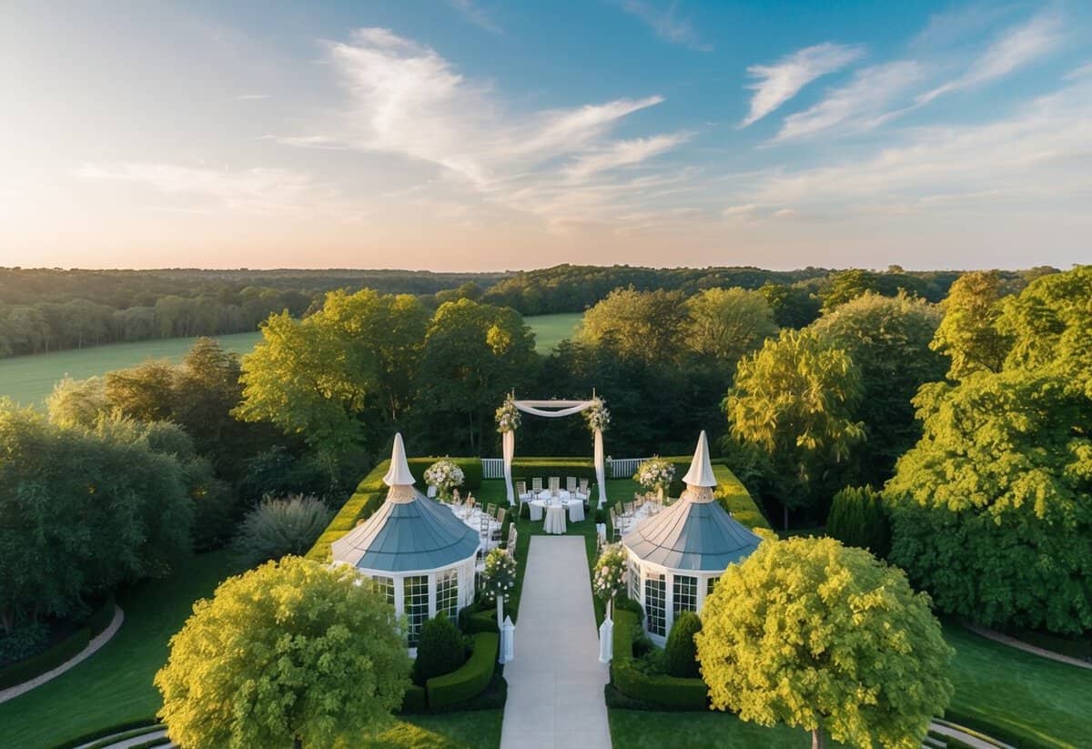 Aerial view of a scenic outdoor wedding venue with lush greenery, elegant decor, and a picturesque backdrop