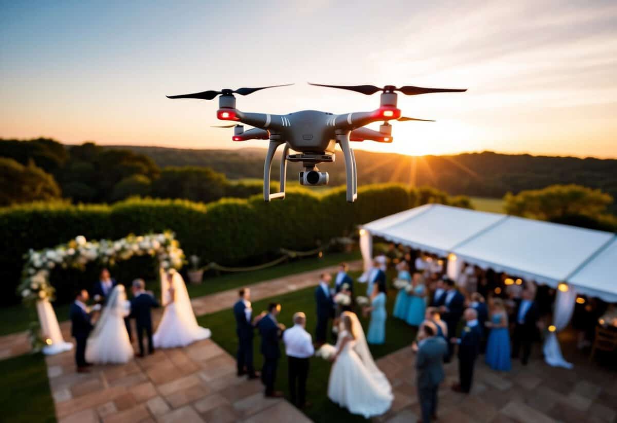 A drone hovers above a picturesque outdoor wedding venue, capturing sweeping shots of the ceremony and reception. The sun sets in the background, casting a warm glow over the scene