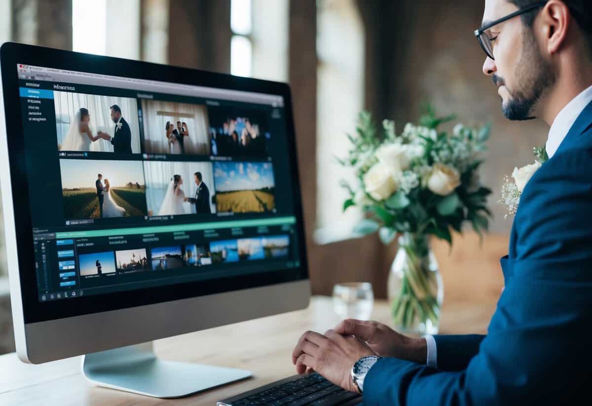A videographer edits a cinematic wedding video on a computer, with multiple video clips on the screen and a timeline at the bottom
