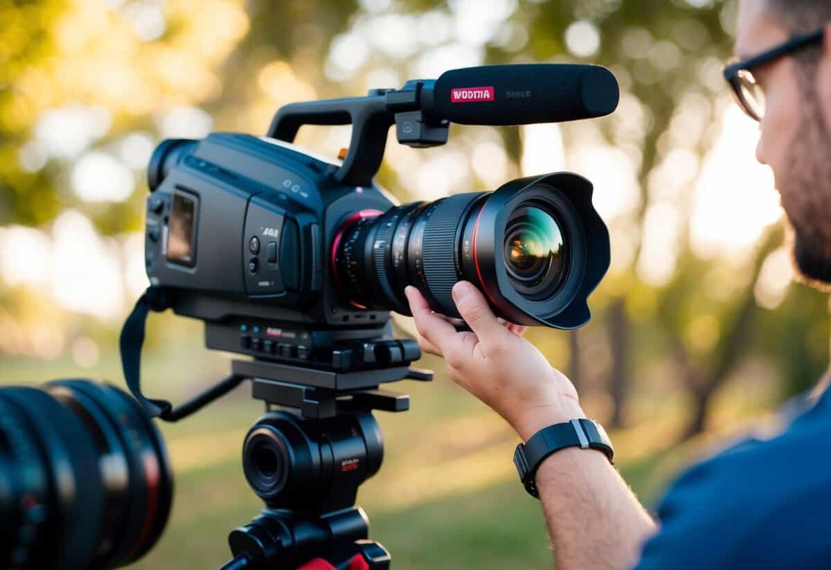 A camera lens being carefully selected and mounted on a professional videography camera for a wedding shoot