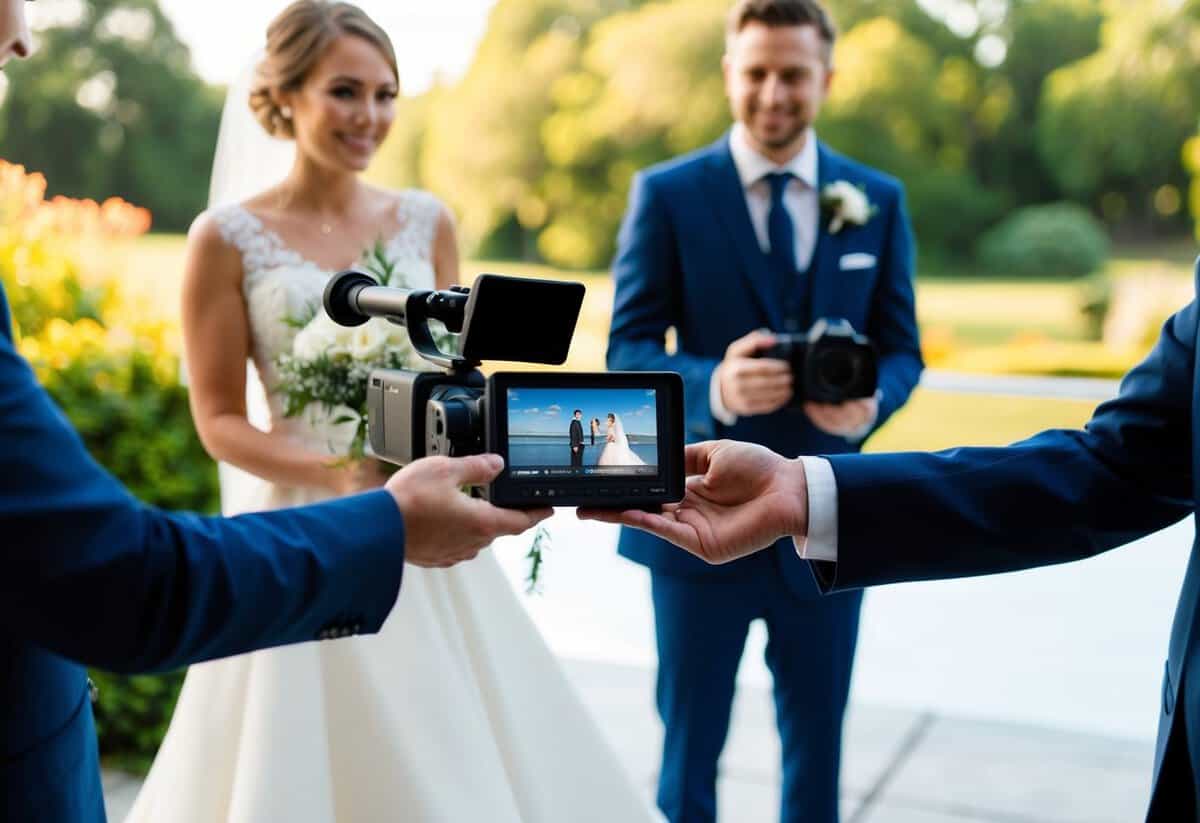 A wedding video being handed over to a couple by a videographer