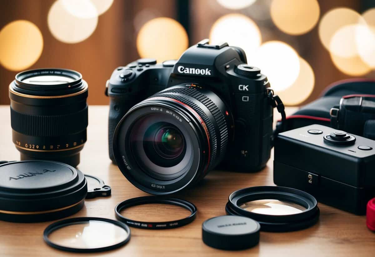 A camera with a large lens attached, surrounded by various photography gear and accessories
