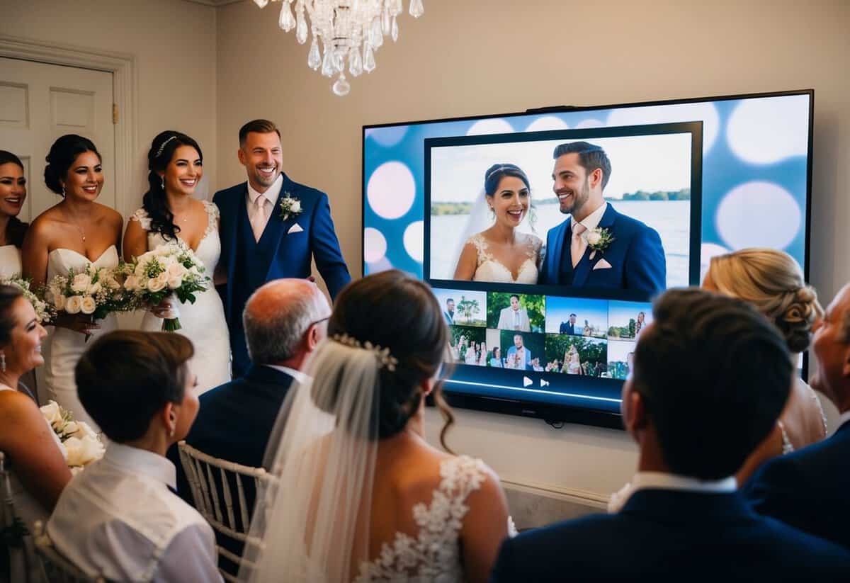 A bride and groom watching their wedding video on a large screen, surrounded by friends and family, smiling and laughing at the memories captured