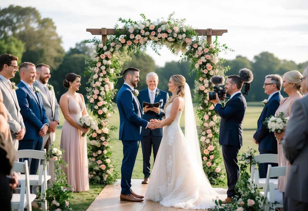 A couple exchanging vows under a floral arch, surrounded by friends and family. A videographer stands off to the side, capturing the special moment on film