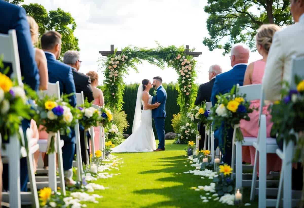 A picturesque outdoor wedding ceremony with lush greenery and vibrant flowers, captured in stunning 4K resolution