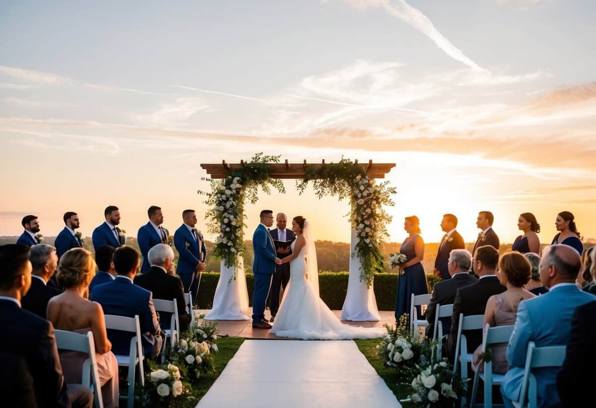 A picturesque outdoor wedding venue with a stunning sunset backdrop, capturing the beauty and detail of the ceremony in high resolution