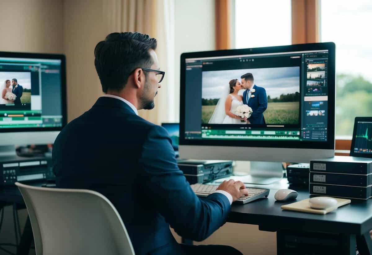 A videographer sits at a computer, editing a wedding video on a large screen, surrounded by hard drives and other editing equipment