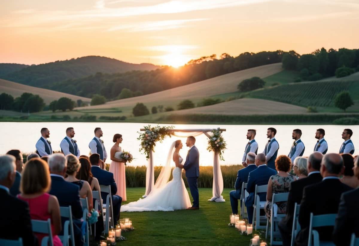 A picturesque outdoor wedding ceremony at sunset, with a beautiful backdrop of rolling hills and a serene lake