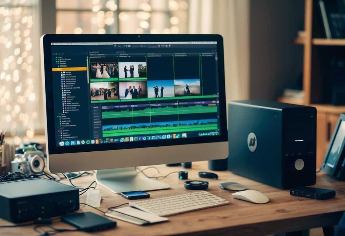 A cluttered desk with a computer, external hard drive, and various editing software open on the screen. A timeline of the wedding video is displayed on the monitor, with multiple clips and audio tracks arranged