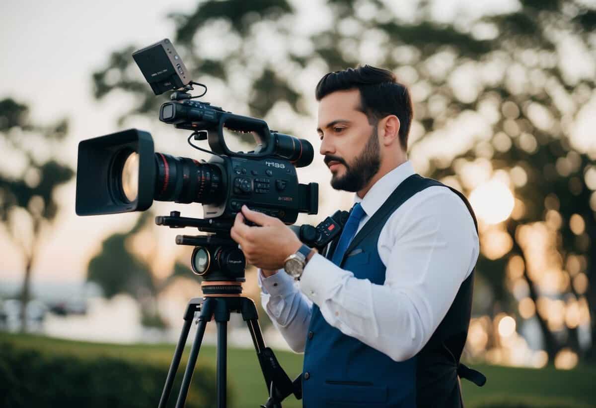 A professional videographer adjusts camera settings for a wedding shoot, comparing the quality of HD and 4K video