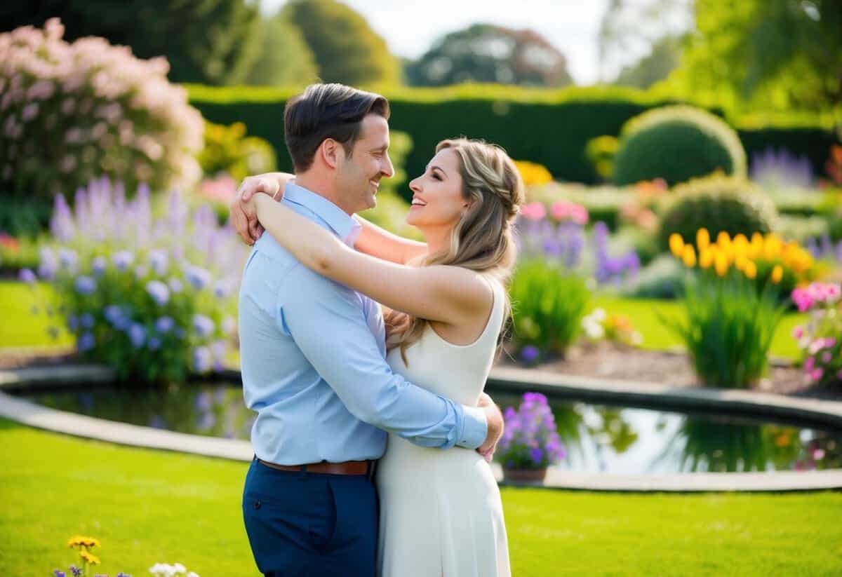 A couple stands in a picturesque garden, surrounded by blooming flowers and a tranquil pond. A professional photographer captures the moment as they embrace, smiling and looking into each other's eyes