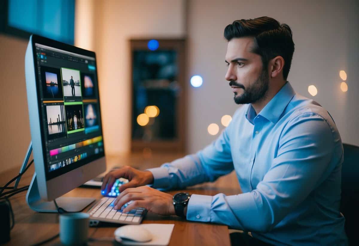 A videographer sits at a computer, meticulously editing wedding footage, adjusting colors and transitions with focused concentration