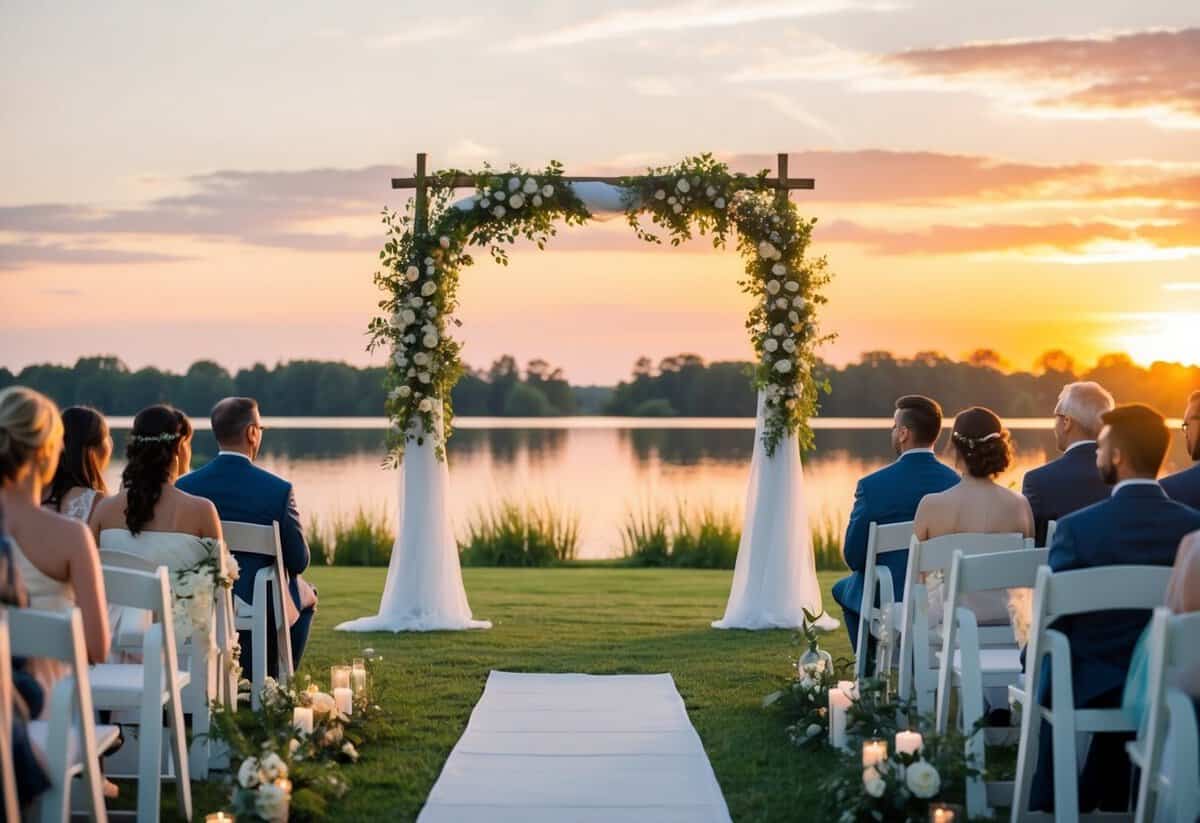A romantic outdoor wedding ceremony at sunset, with a beautifully decorated arch and a serene lake in the background