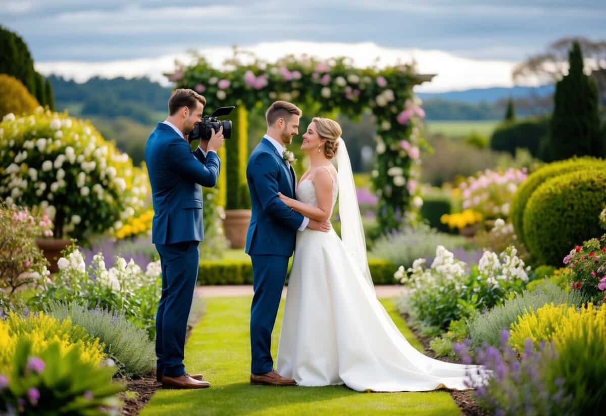A bride and groom stand in a lush garden, surrounded by blooming flowers and a picturesque backdrop. A professional photographer captures the couple in a candid, intimate moment