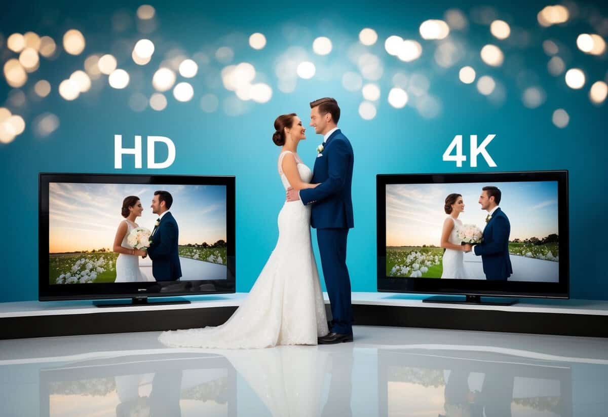 A couple standing in front of a display of two TVs, one showing HD and the other showing 4K wedding videos. They are comparing the image quality