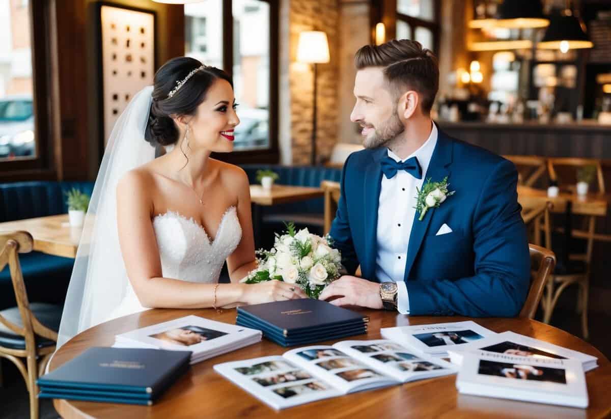 A bride and groom discussing wedding photography packages at a cozy cafe, surrounded by sample photo albums and price lists