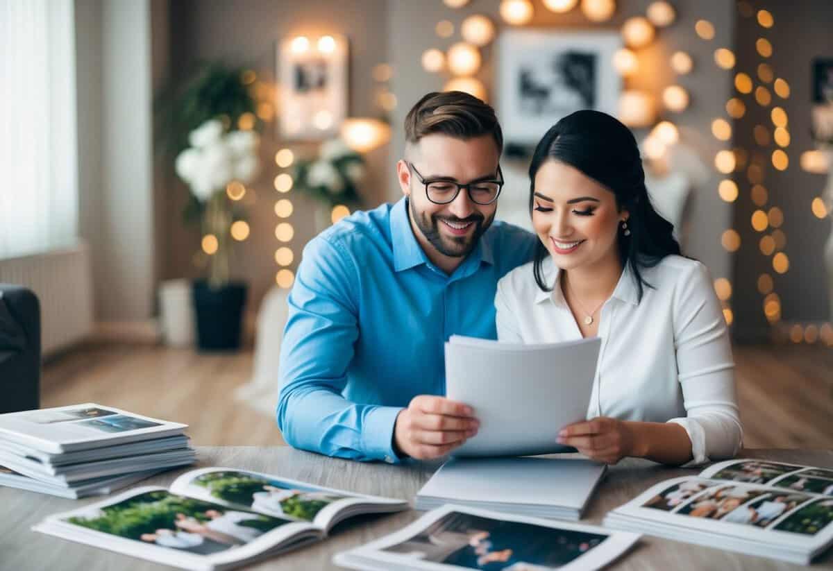 A happy couple reviewing photography portfolios with price lists, surrounded by wedding magazines and sample prints