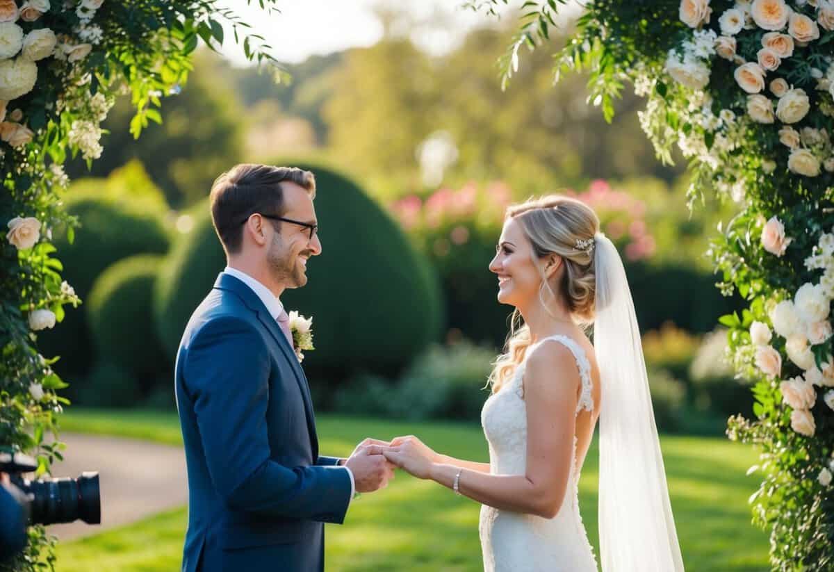 A couple exchanging vows in a picturesque outdoor setting, surrounded by lush greenery and blooming flowers, with a professional videographer capturing every detail in stunning 4k resolution