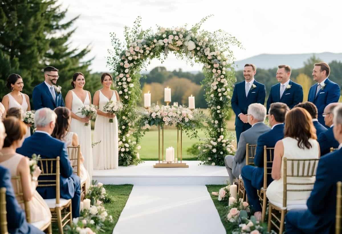 A beautifully decorated wedding altar with flowers and candles, surrounded by happy guests and a picturesque outdoor setting