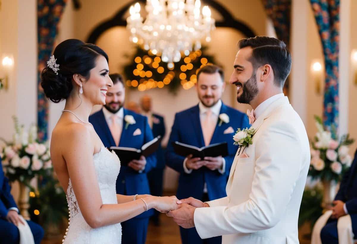 A bride and groom exchanging vows in a beautifully decorated wedding venue with intricate details and vibrant colors, captured in stunning 4K video quality