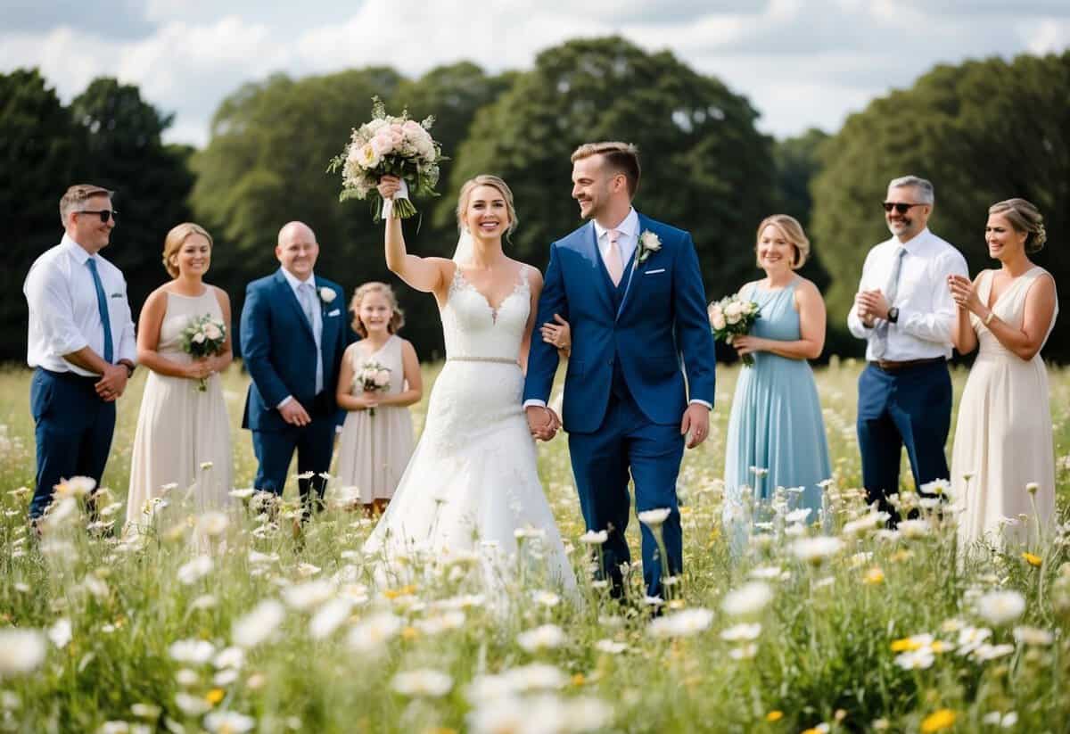A bride and groom stand in a field of flowers, surrounded by friends and family, as a photographer captures their joyous moment