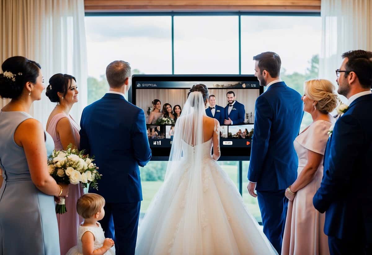A bride and groom watch a wedding video on a large screen, surrounded by family and friends. The video is playing at a comfortable length, capturing all the important moments of the special day