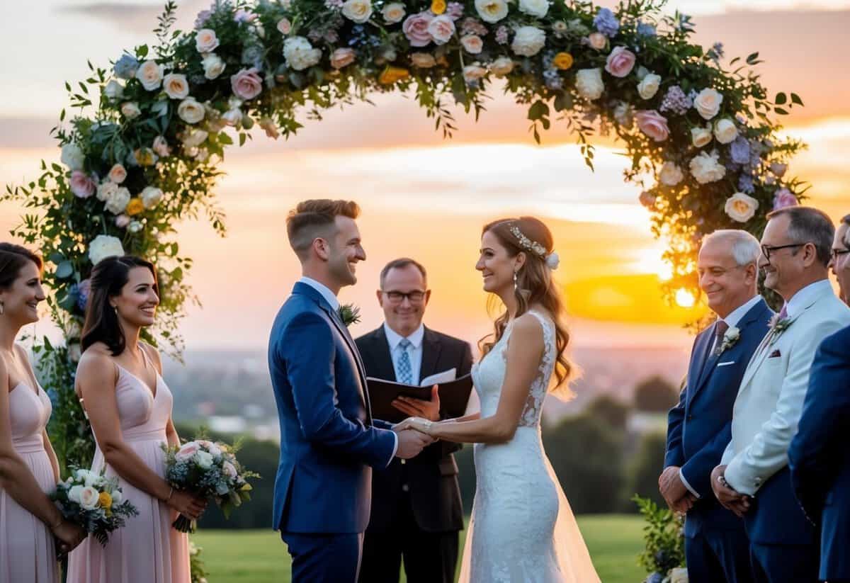 A couple exchanging vows under a floral arch, surrounded by family and friends, with a picturesque sunset in the background