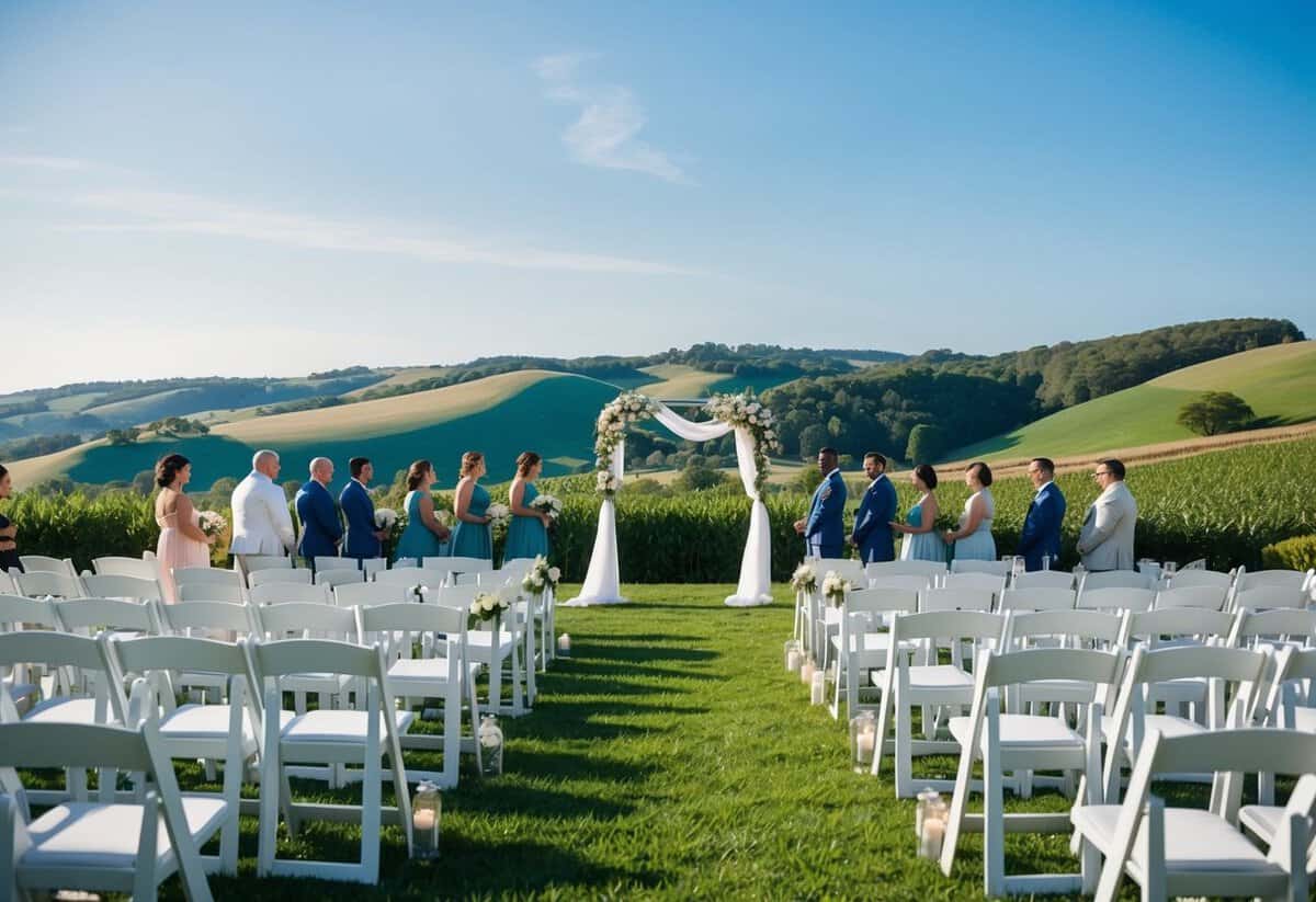 A serene outdoor wedding ceremony with a picturesque backdrop of rolling hills and a clear blue sky, with a beautifully decorated arch and rows of white chairs for guests