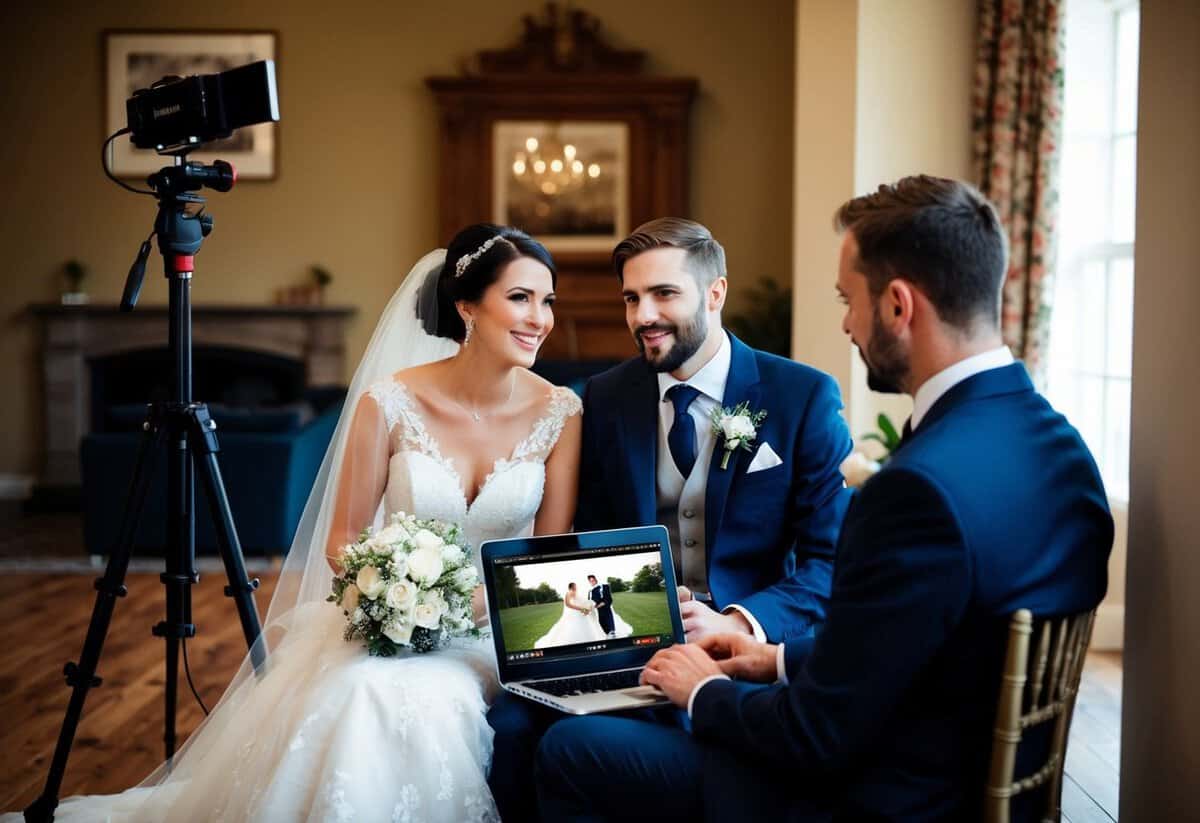 A bride and groom sit together, watching a video on a laptop. The videographer stands nearby, discussing the length of the wedding picture video