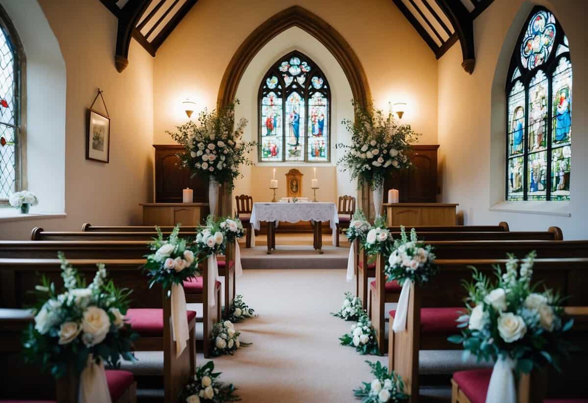 A traditional English wedding ceremony in a quaint village church with floral decorations, elegant pews, and a beautiful stained glass window