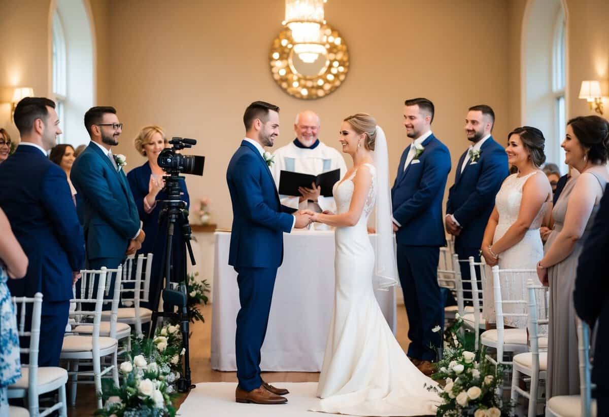 A bride and groom stand at the altar, exchanging vows as guests look on. A videographer discreetly captures the ceremony from a corner of the room