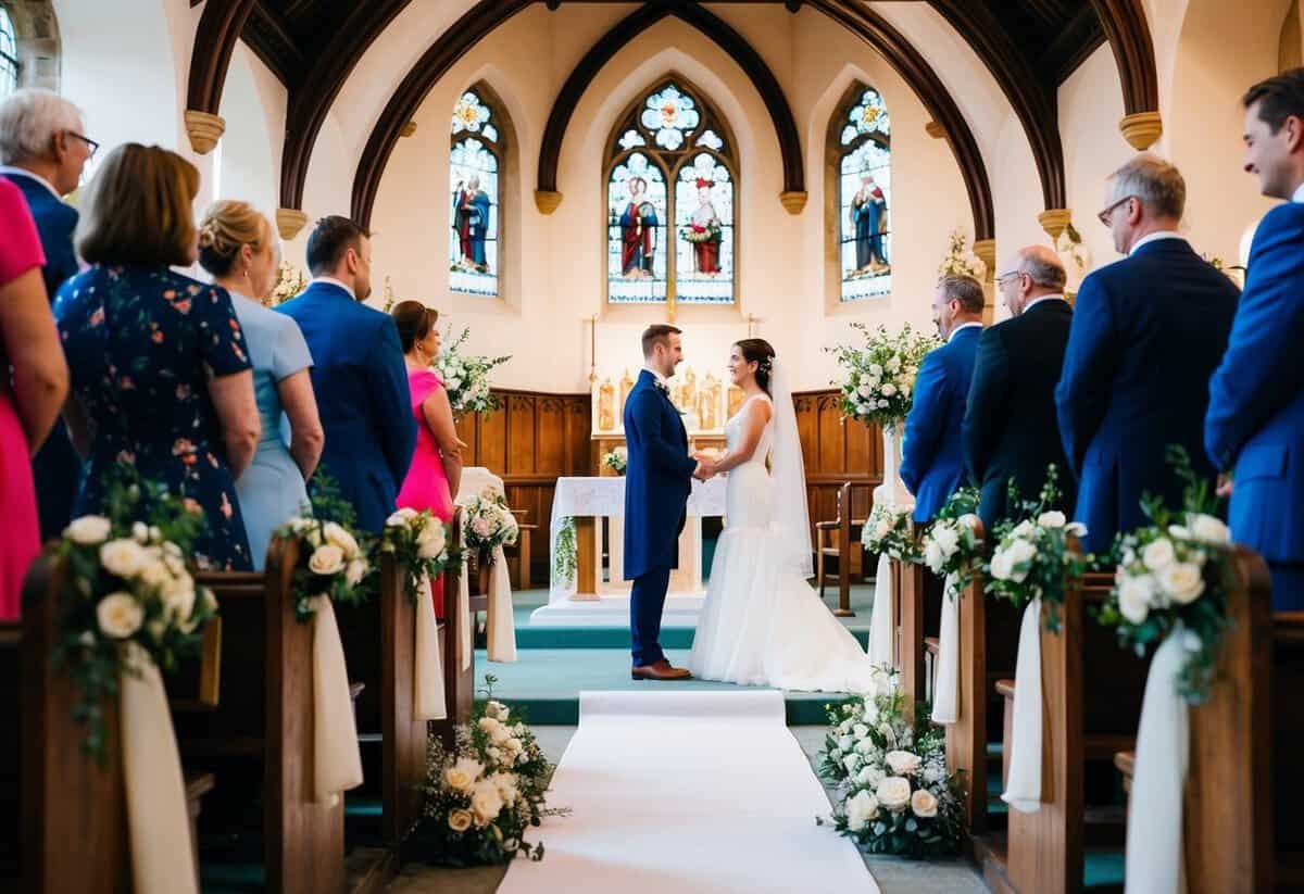 A traditional British wedding ceremony in a quaint church with floral decorations, a white aisle runner, and a couple standing at the altar exchanging vows