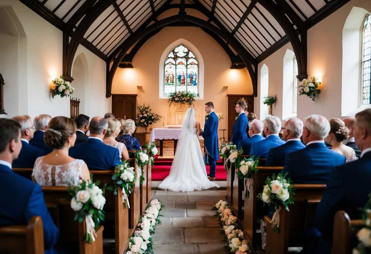 A traditional wedding ceremony in a quaint English church, with a flower-adorned altar and guests seated in pews