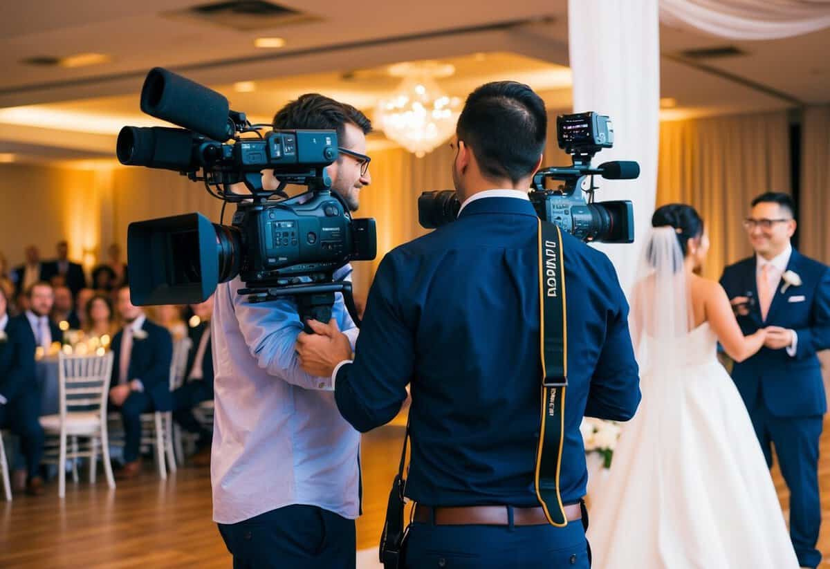 Two videographers capturing a wedding ceremony and reception from different angles with their cameras and equipment