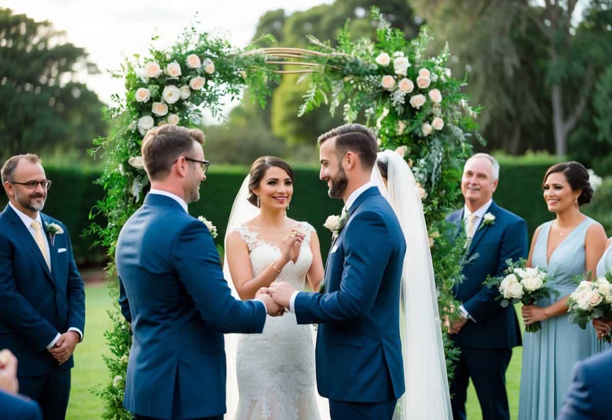 A wedding ceremony with two videographers capturing the bride and groom exchanging vows, surrounded by family and friends