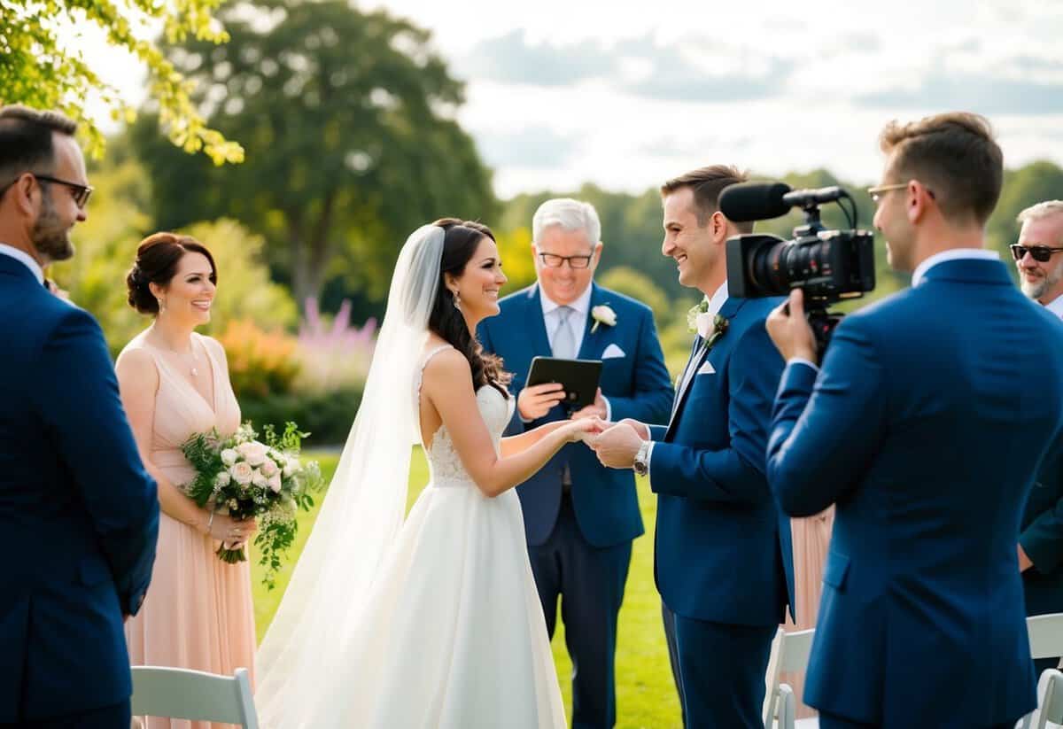 A wedding ceremony with two videographers capturing the bride and groom exchanging vows, surrounded by family and friends in a beautiful outdoor setting