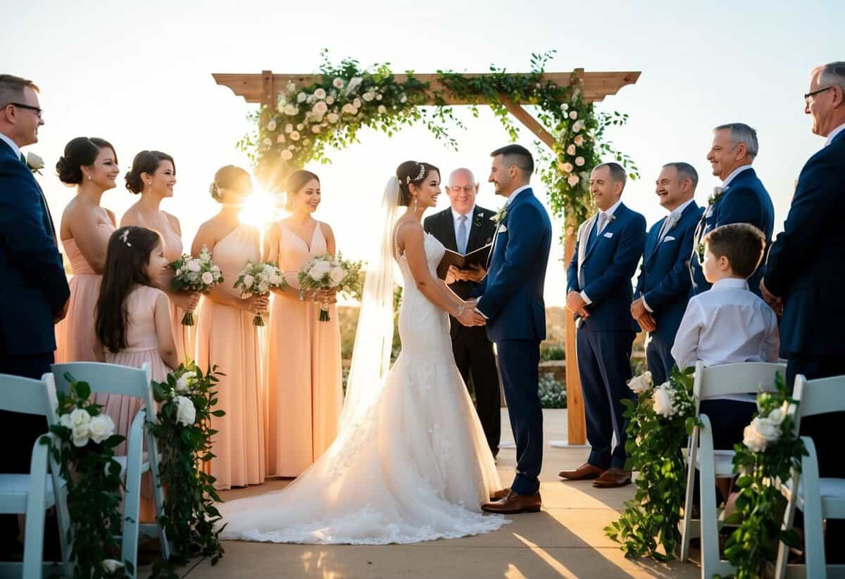 A bride and groom stand at the altar, surrounded by friends and family. The sun sets behind them, casting a warm glow over the ceremony