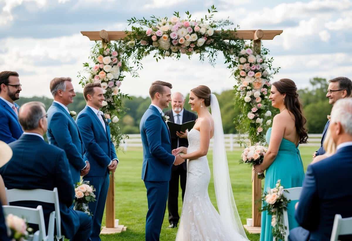 A beautiful outdoor wedding ceremony with a couple exchanging vows under a floral arch, surrounded by family and friends, captured by a videographer