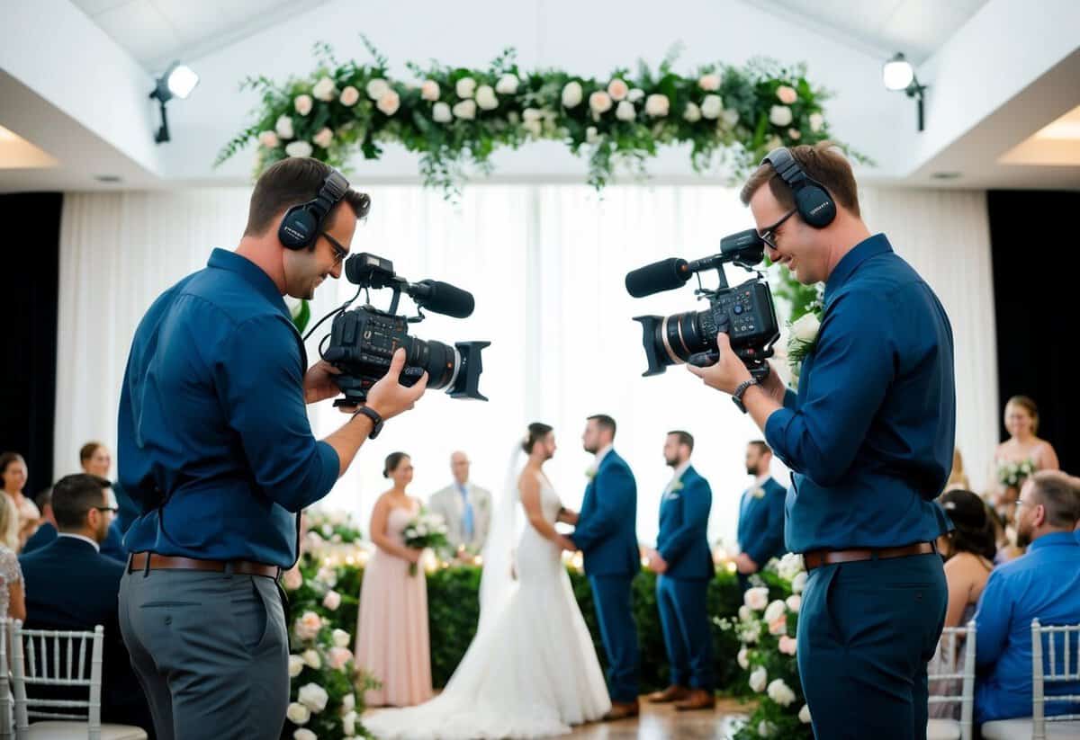 Two videographers capture a wedding ceremony and reception from different angles, seamlessly documenting every moment with precision and artistry
