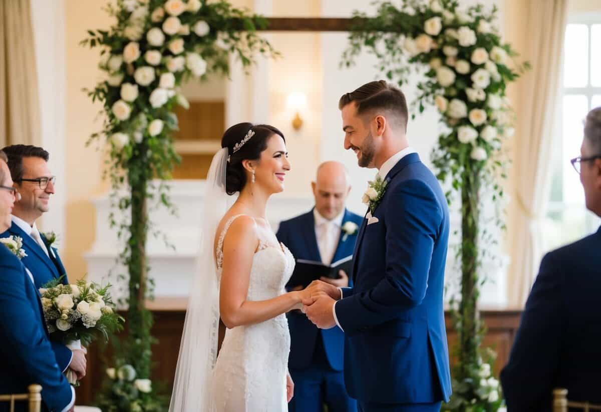A couple exchanging vows in a beautifully decorated wedding venue, with a professional videographer capturing the emotional moments